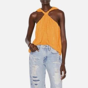 FRAME Draped Textured Silk Sleeveless Halter Top in Kumquat Yellow Small $378